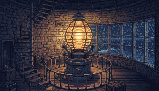 The lantern room at the top of the lighthouse, rain on the windows.