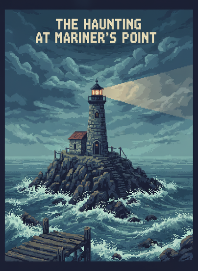 Poster: The Haunting at Mariner's Point, a stone lighthouse on a rock in a storm.