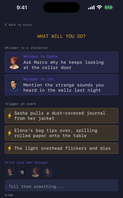 What will you do? screen: whisper cards for Sasha and Jin, event cards, and a free-text whisper field.
