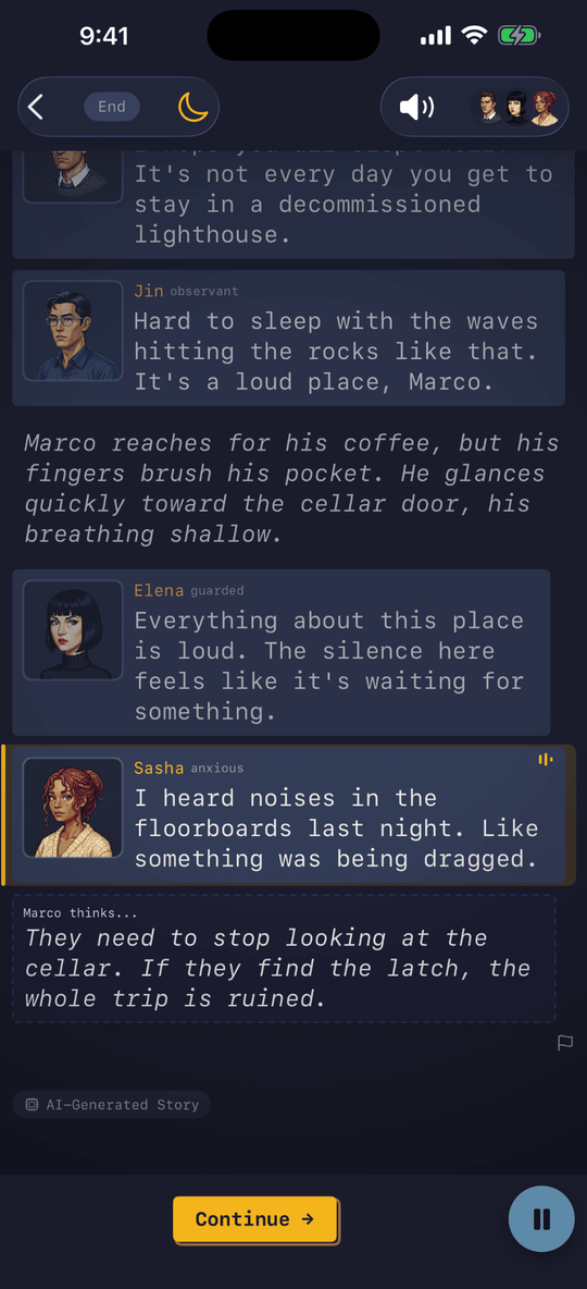 Plot Twister story screen: voiced dialogue lines from Jin, Elena and Sasha, a 'Marco thinks…' inner thought, and the gold Continue button.