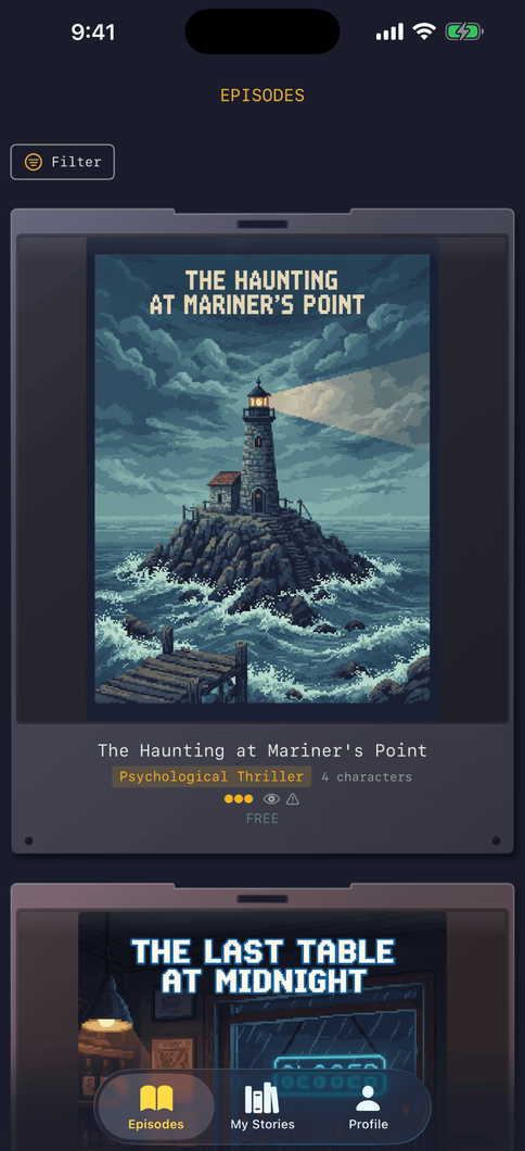 Episodes screen: episode posters framed in gray handheld bezels, starting with The Haunting at Mariner's Point.