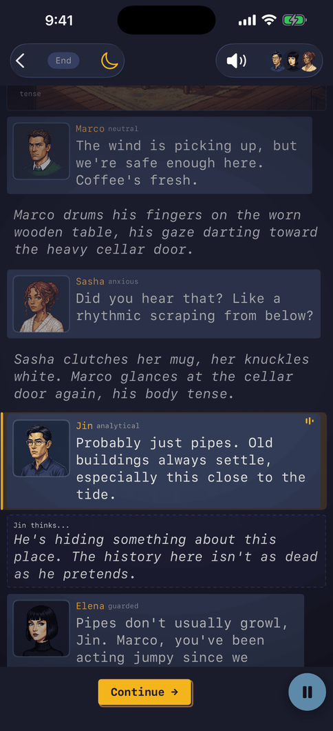 Story screen: Marco, Sasha, Jin and Elena react to a scraping sound below, with a 'Jin thinks…' inner thought.