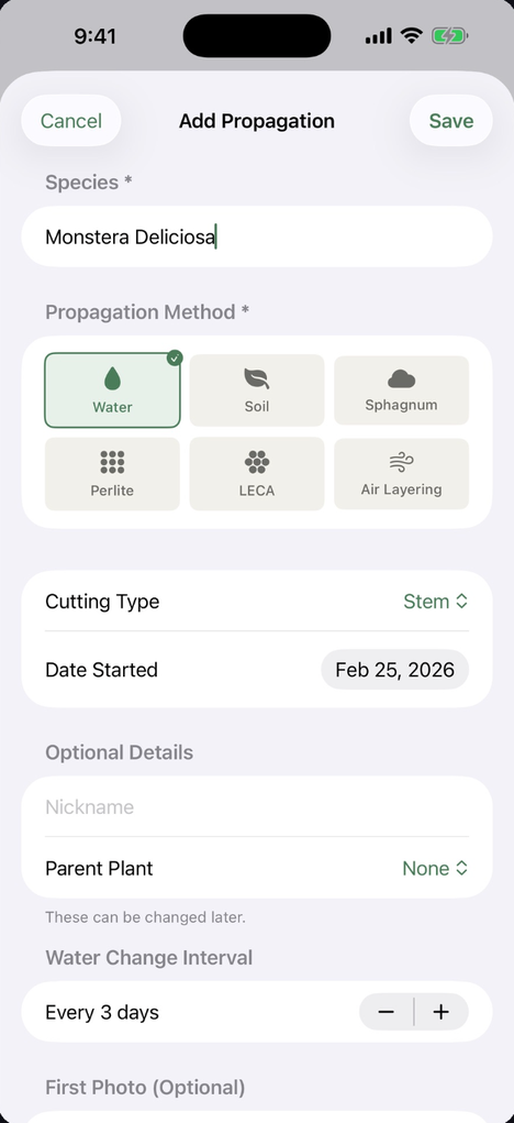 Add Propagation screen: species, a grid of six methods, cutting type, date started, parent plant and water change interval.