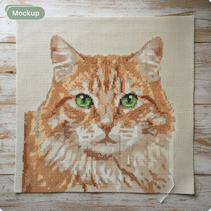 AI-generated mockup of the chart as a finished cross-stitch on 14-count Aida, laid on a wooden table.