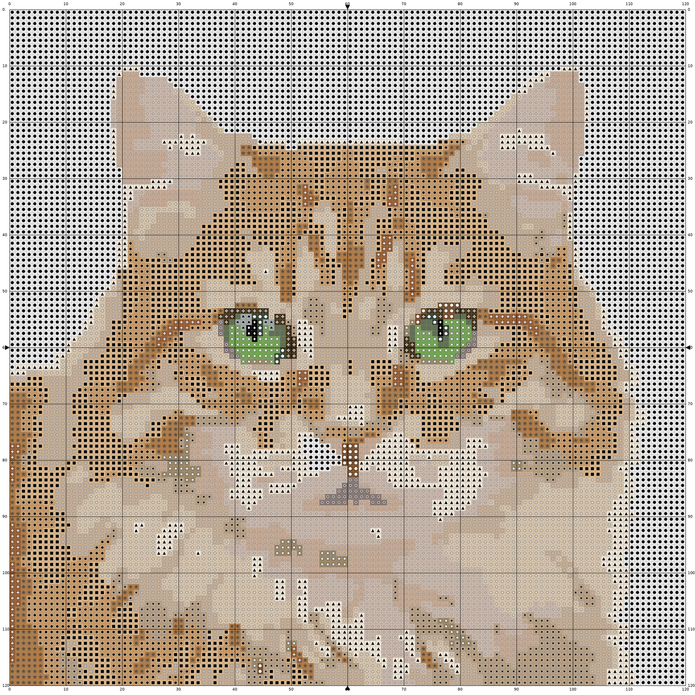 The cross-stitch chart made from the sample photo: a 120 by 120 grid of colored cells with symbols and numbered rulers. Opens full size.