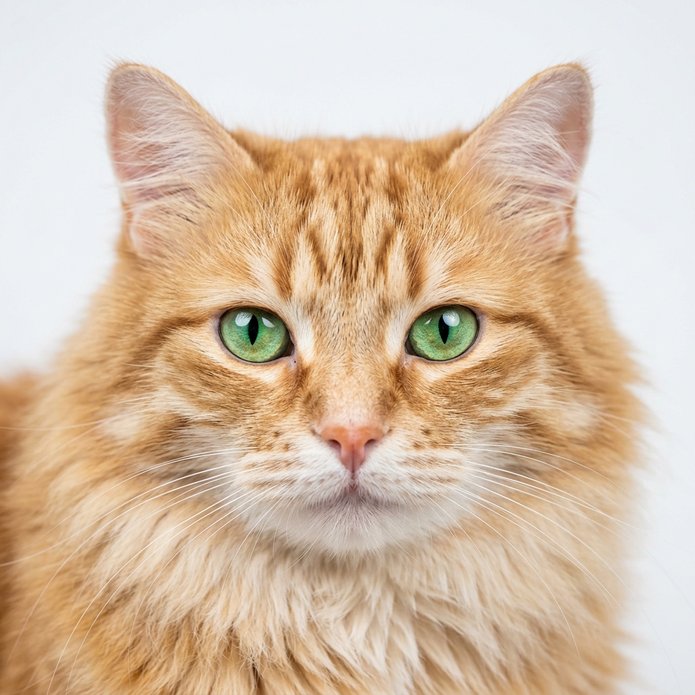 Sample photo: a ginger tabby cat with green eyes on a white background.