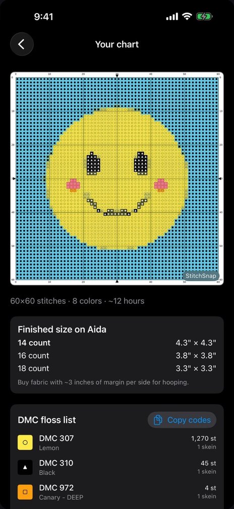 StitchSnap's Your chart screen: a 60 by 60 stitch chart with symbols, the finished size on Aida at 14, 16 and 18 count, and the DMC floss list with stitch and skein counts.