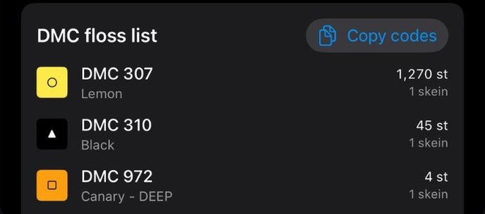 In the app: the DMC floss list, showing DMC 307 Lemon at 1,270 stitches, DMC 310 Black at 45 stitches and DMC 972 Canary Deep at 4 stitches, one skein each, with a Copy codes button.