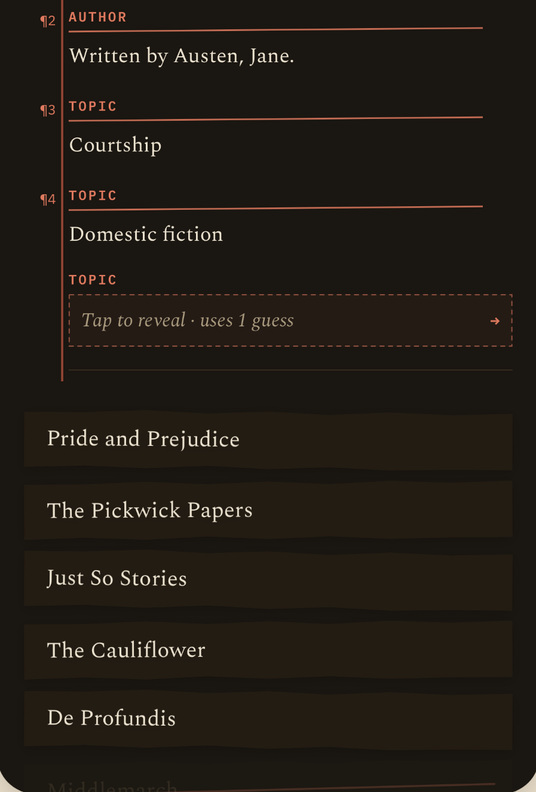Clue 4 of 6: Author “Written by Austen, Jane.”, Topic “Courtship”, Topic “Domestic fiction”. Middlemarch has been struck through and moved to the bottom of the slips.